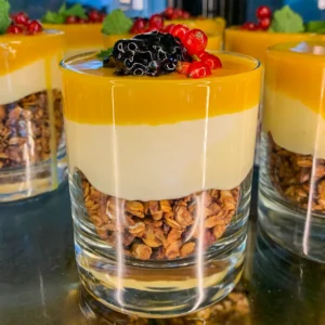 Mini deserki - Granola z musem mango i owocami